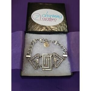 Geometric Silver Tone Chain Bracelet Rhinestone Glam Metal Style Adjustable New